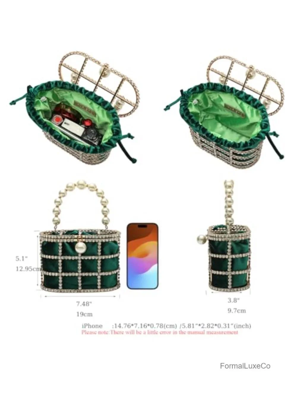 Crystal Cage Evening Clutch with Pearl Handle and Velvet Pouch
